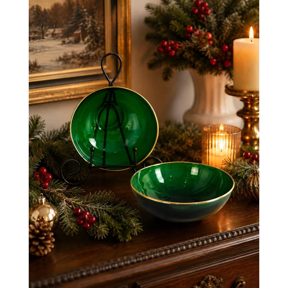 Vintage Anchor Hocking Emerald Green Glass Bowls Gold Trim Set of 2